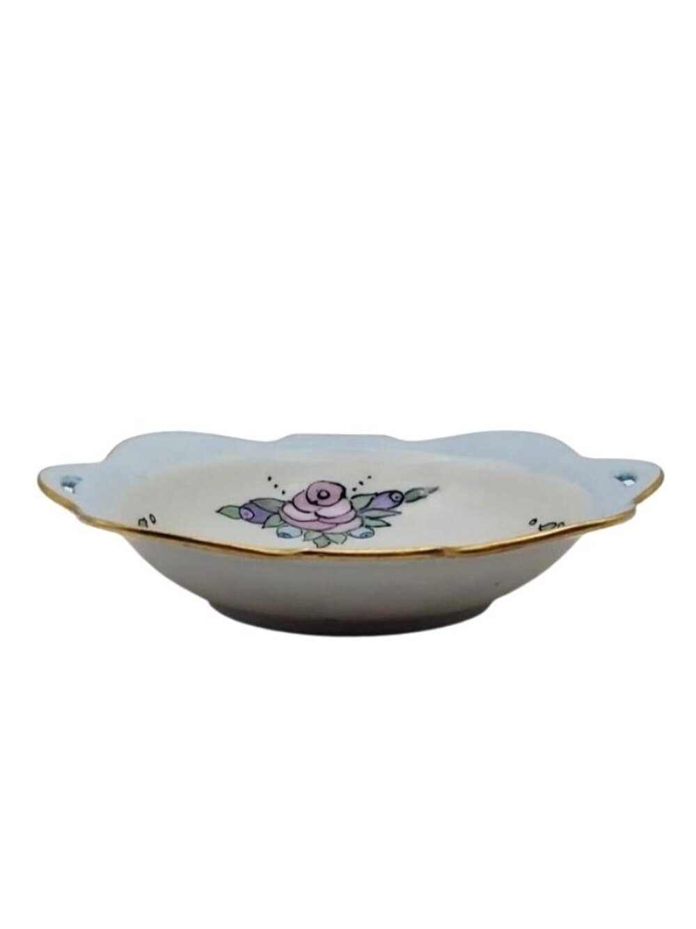 Hand Painted Floral Finger Bowl Porcelain Cut Out Handles Scalloped Japan Vtg